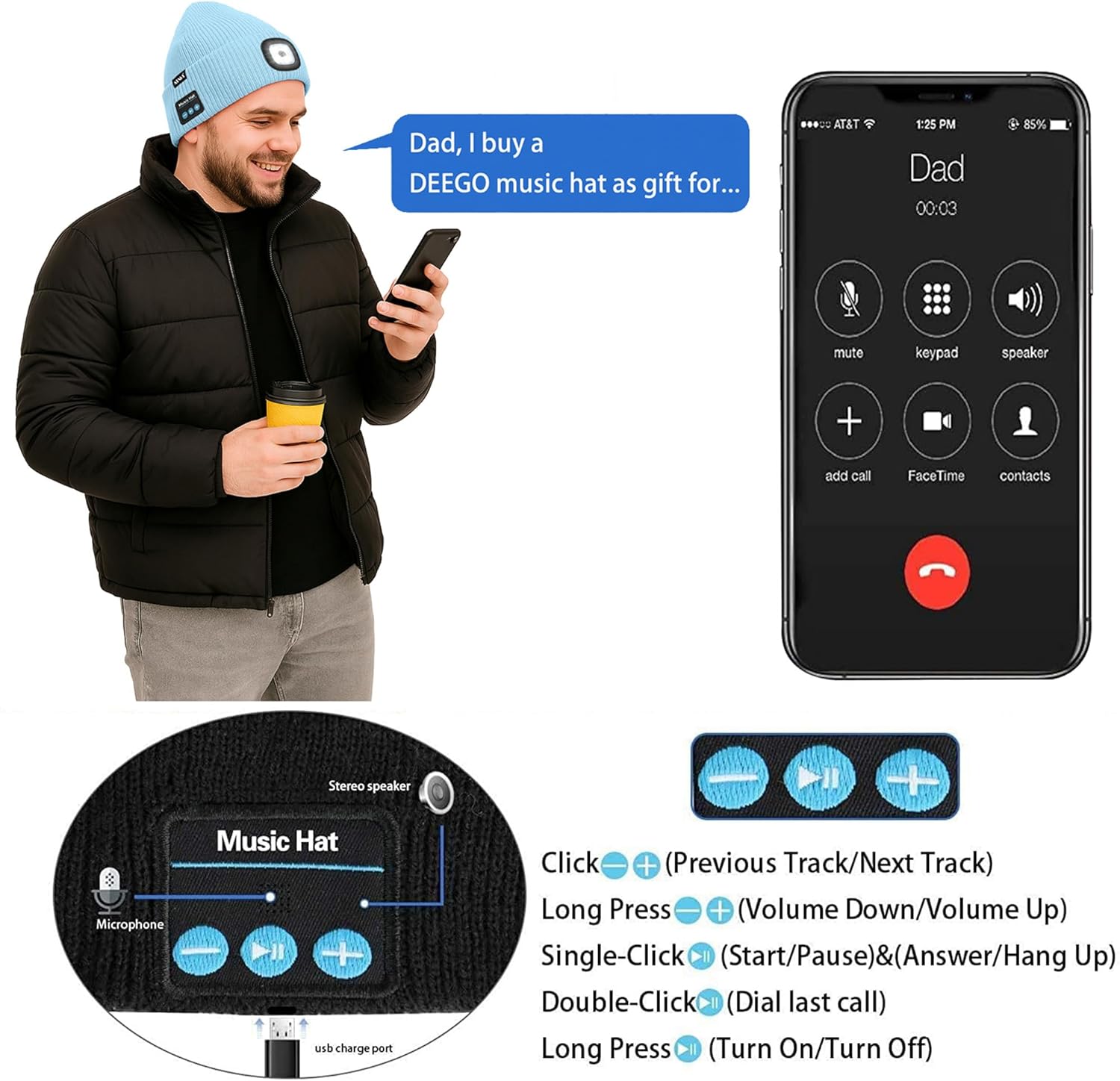 ATNKE LED Lighted Bluetooth Lined Fleece Beanie Hat, USB Rechargeable 4 LED Wireless Run Headlamp Cap for Men and Women