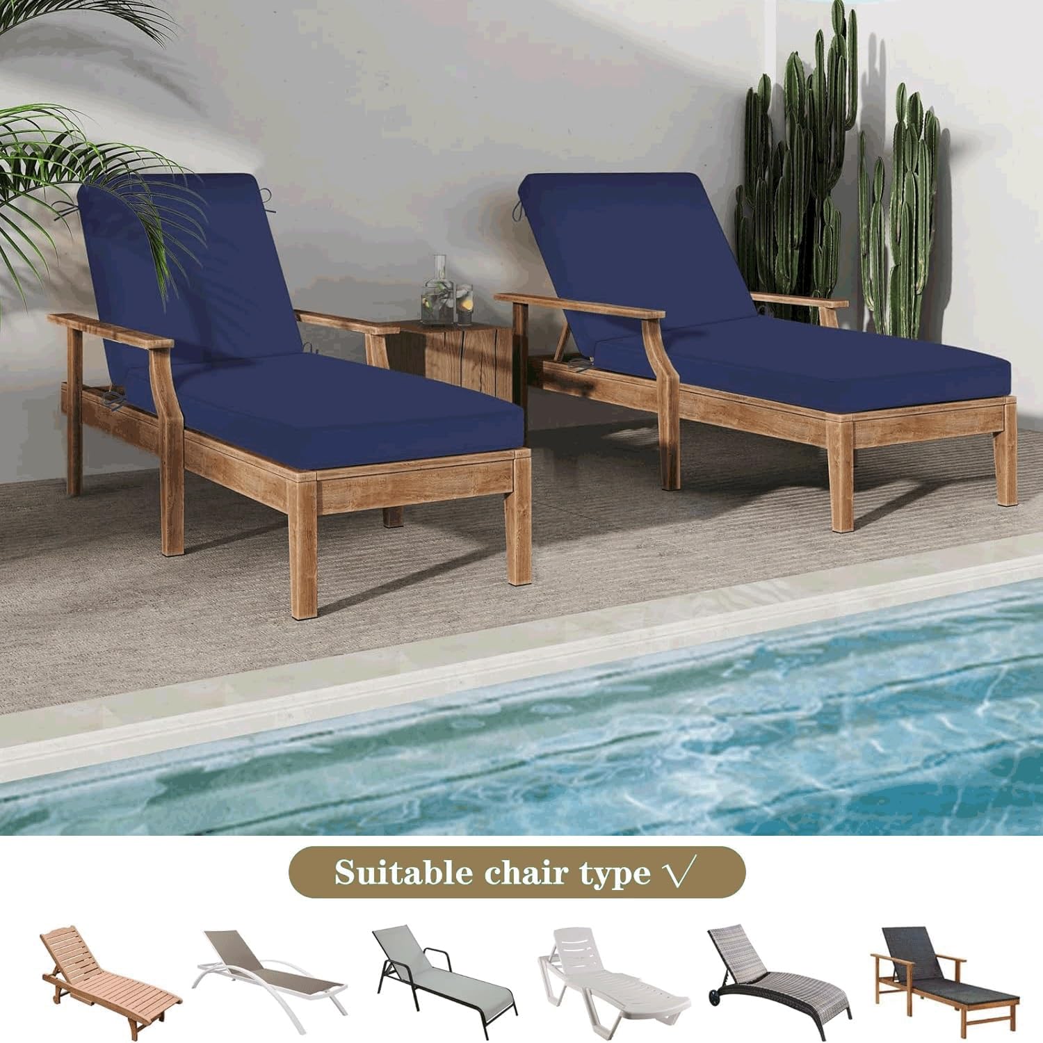 Coussin Transat Exterieur Bain de Soleil 8cm Épais 2 Attaches Renforcées- Rembourrage Confortable & Imperméable - for Chaise Longue Jardin/Plage/Piscine/Camping(2)