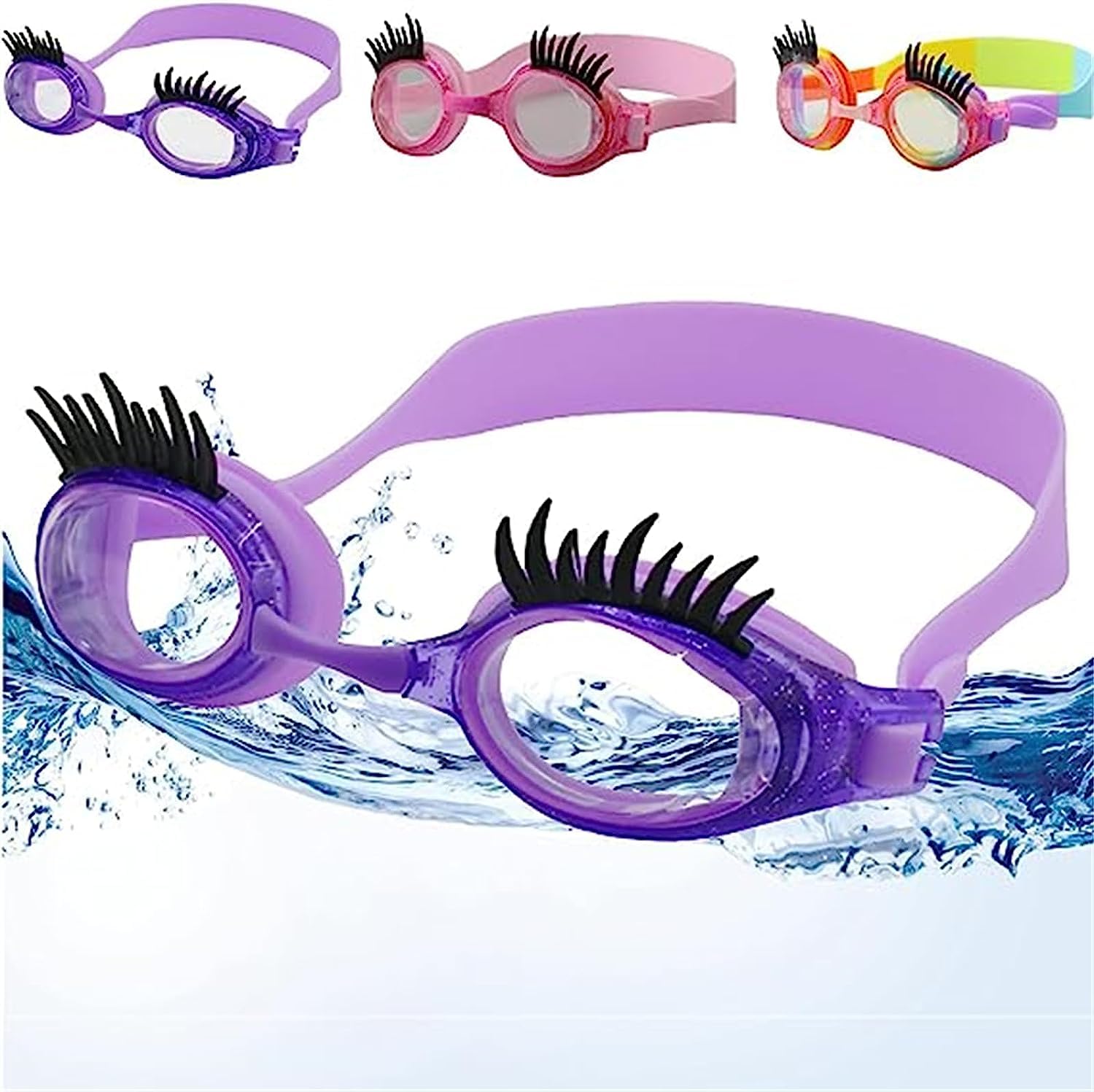 WRLCOVA Adult Swimming Goggles with Eyelashes, Anti-Fog, UV Protection, Adjustable, Purple, Pink, Bright Yellow, Pink Purple