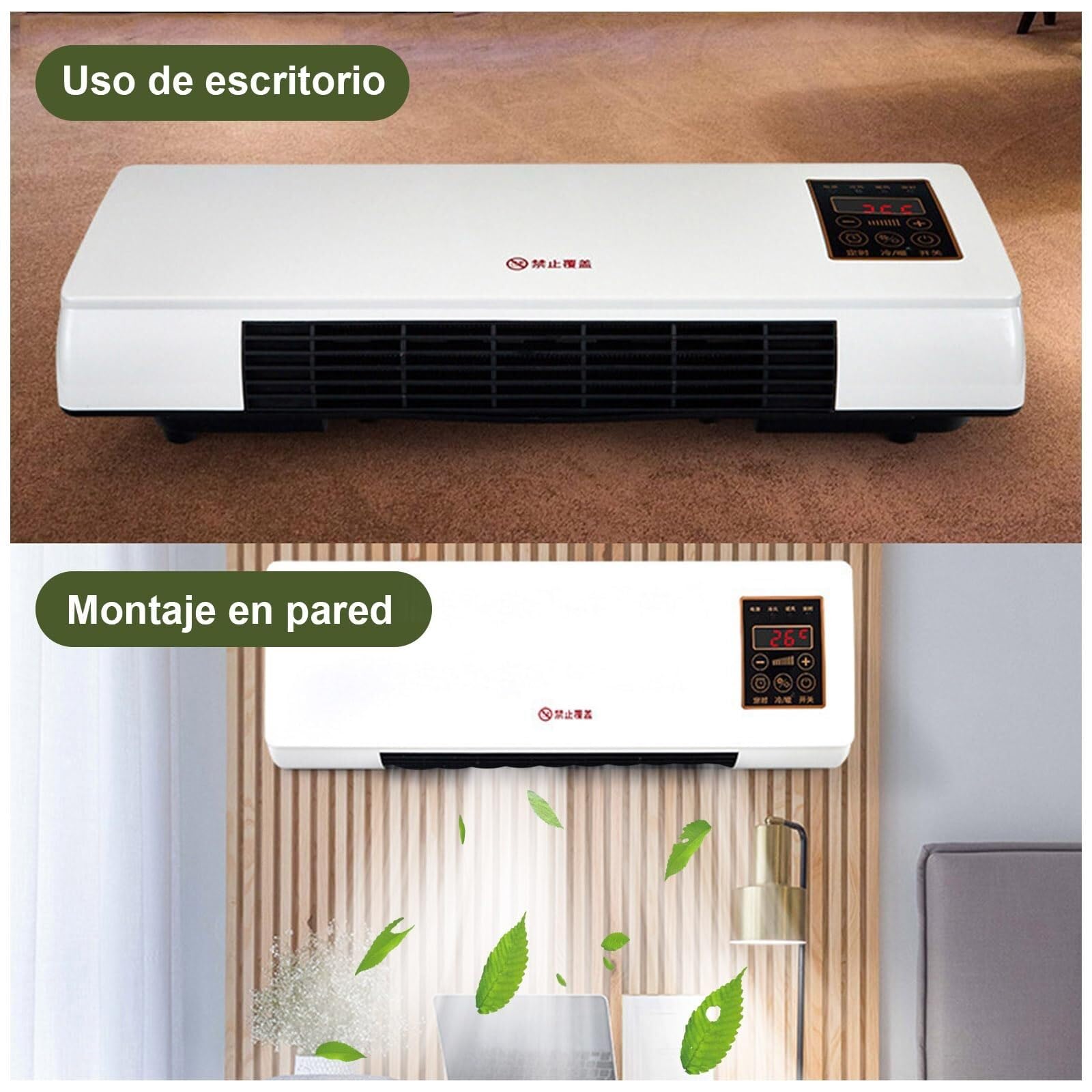 Aire de Pared Portátil 2 en 1 Estilo Natural/Calor Control Remoto Digital