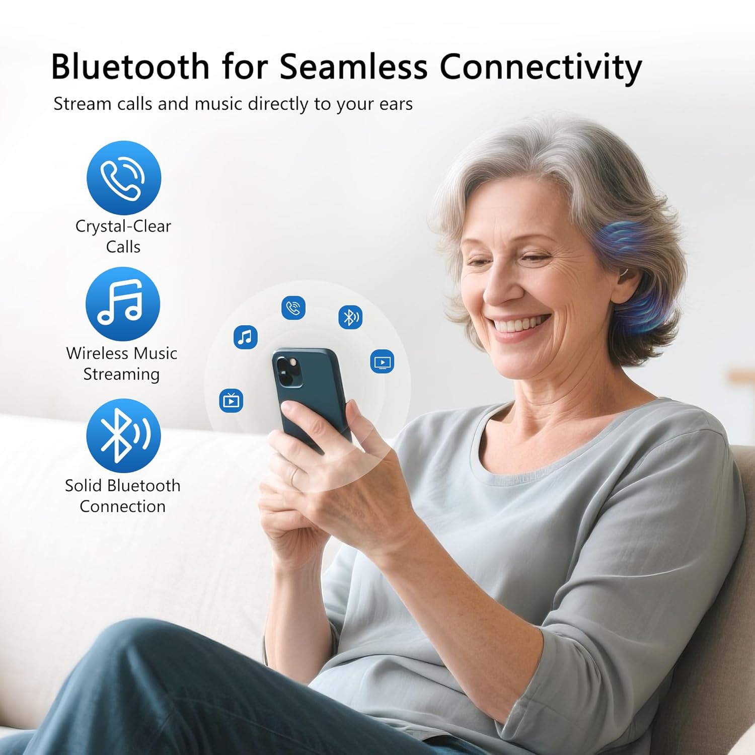 Senior woman smiling while using a smartphone, with icons indicating crystal-clear calls, wireless music streaming, and solid Bluetooth connection.