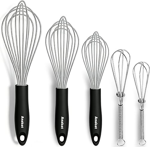 Anaeat Juego de 5 batidores de cocina de acero inoxidable, batidora de leche y huevo con alambre grueso para batir, cocinar, hornear, batir y