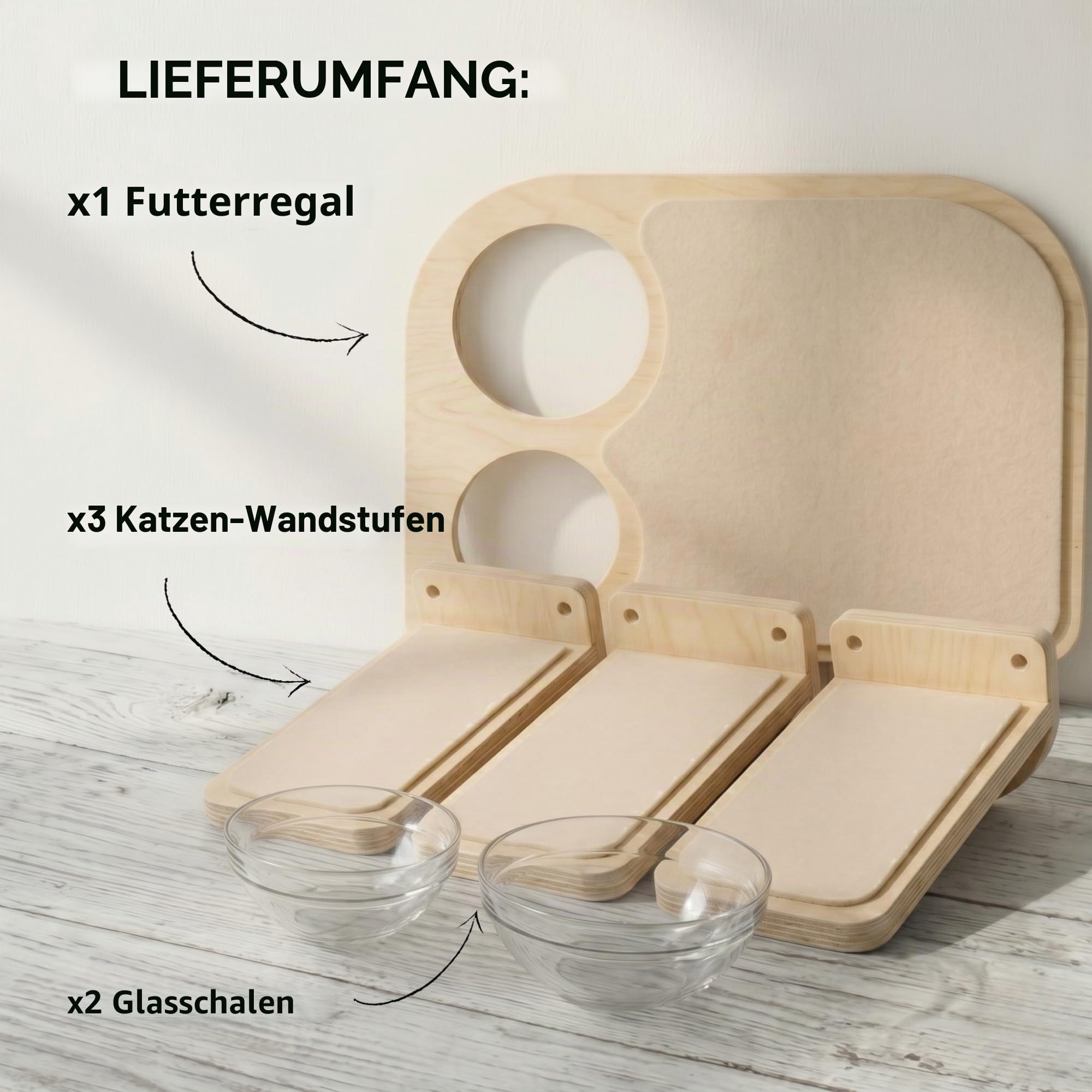 INICIO Katzenwandmöbel – Futterstation: Katzenwandregale & Stufen, Glasnäpfe, hundefest, modern, Birke, 3 Ebenen, 41,9 cm L x 32,5 cm B x 25,4 cm H