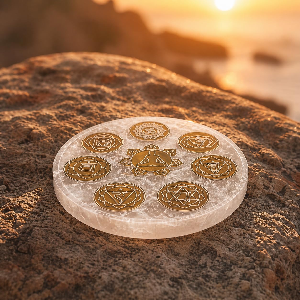 NKlaus Piastra Chakra in Selenite Ø 15 cm Incisa con i 7 Simboli Chakra e Figura Meditativa