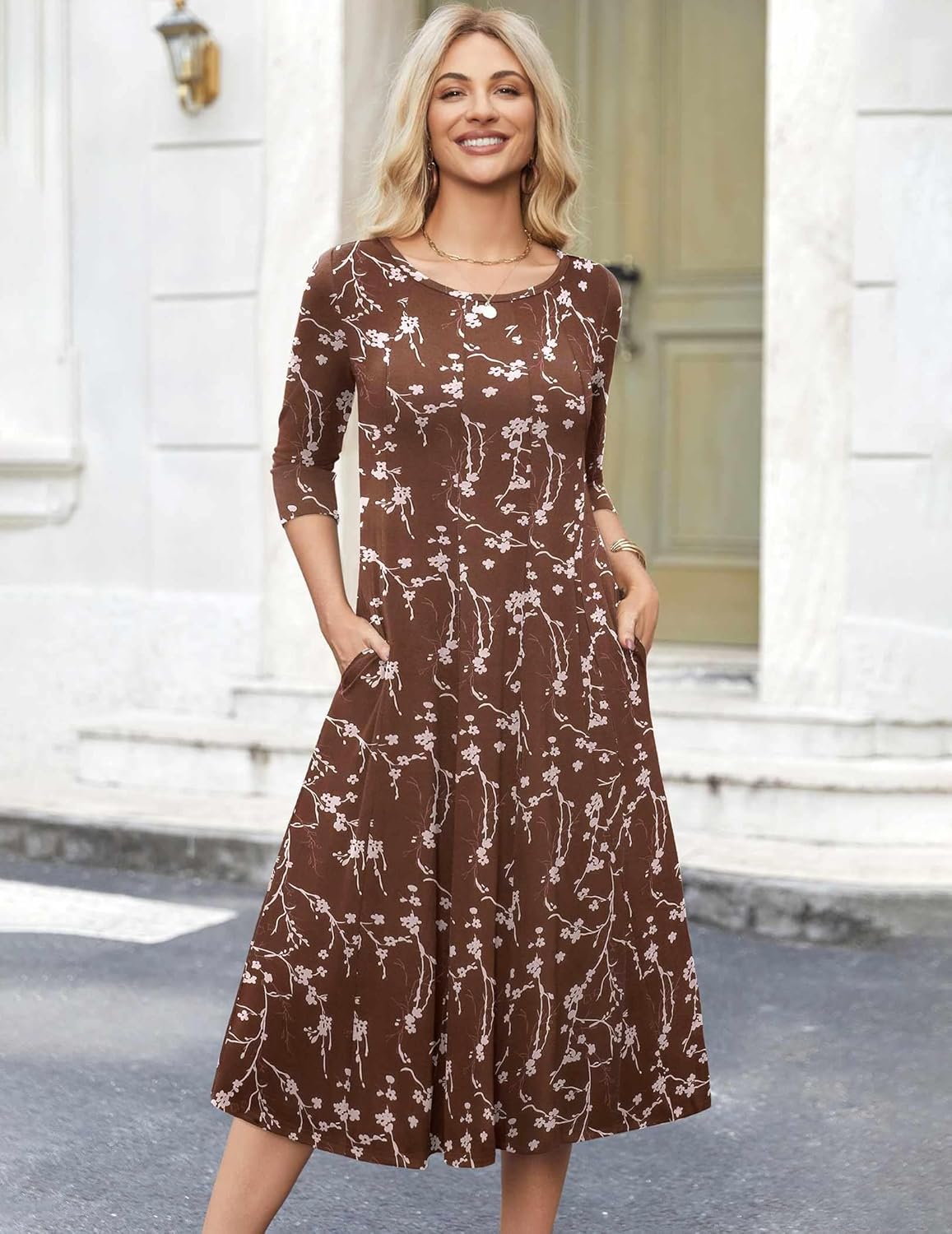 HOTOUCH Women's 3/4 Sleeve A-line and Flare Midi Long Dress - Image 4