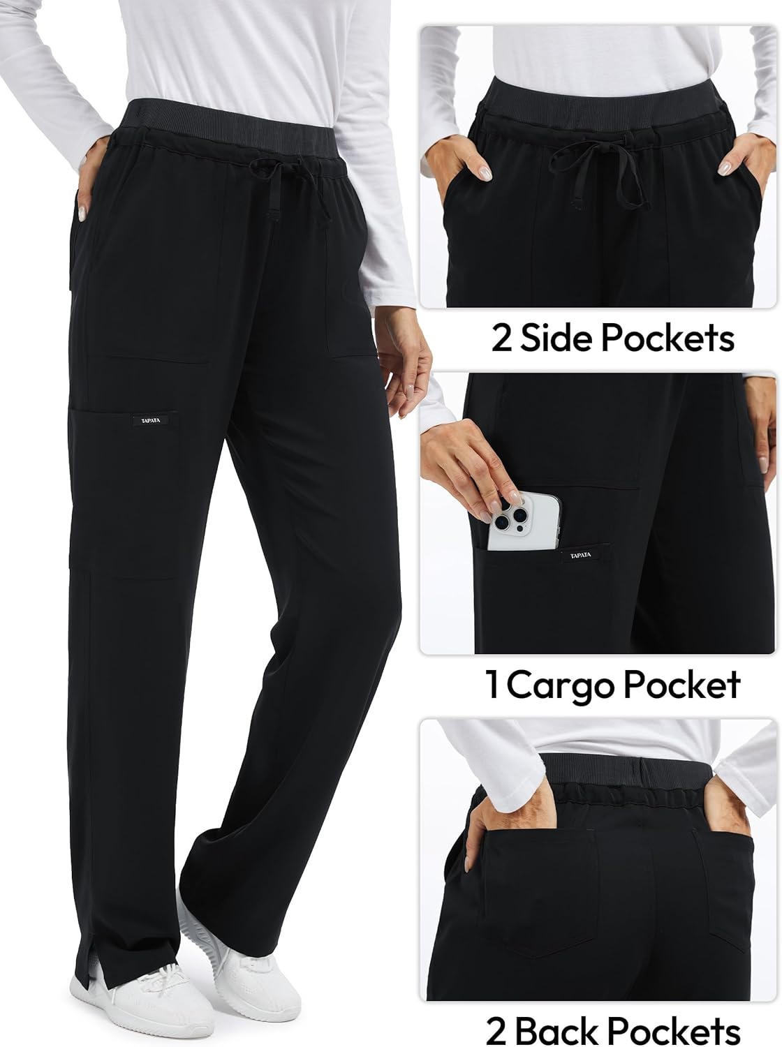 Tapata Scrub Pants for Petite Women 26"/28" Inseam Straight Leg Cargo Drawstring Bottoms with 5 Pockets - Image 4
