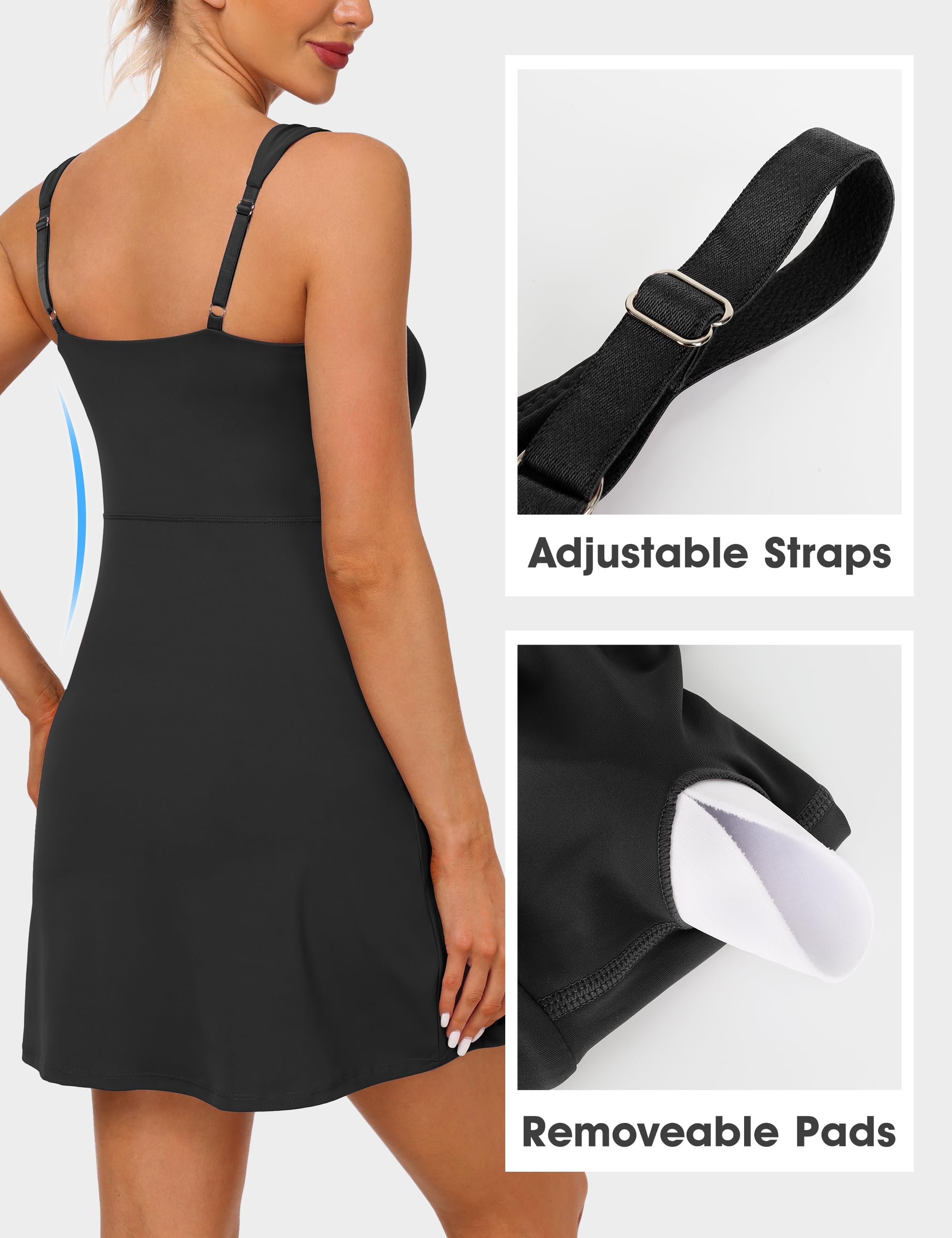 Vestito da tennis da donna, 2 in 1, da golf, con tasche integrate per reggiseno e pantaloncini, abito sportivo con cinturino regolabile, E-nero-facile Peezy, Large
