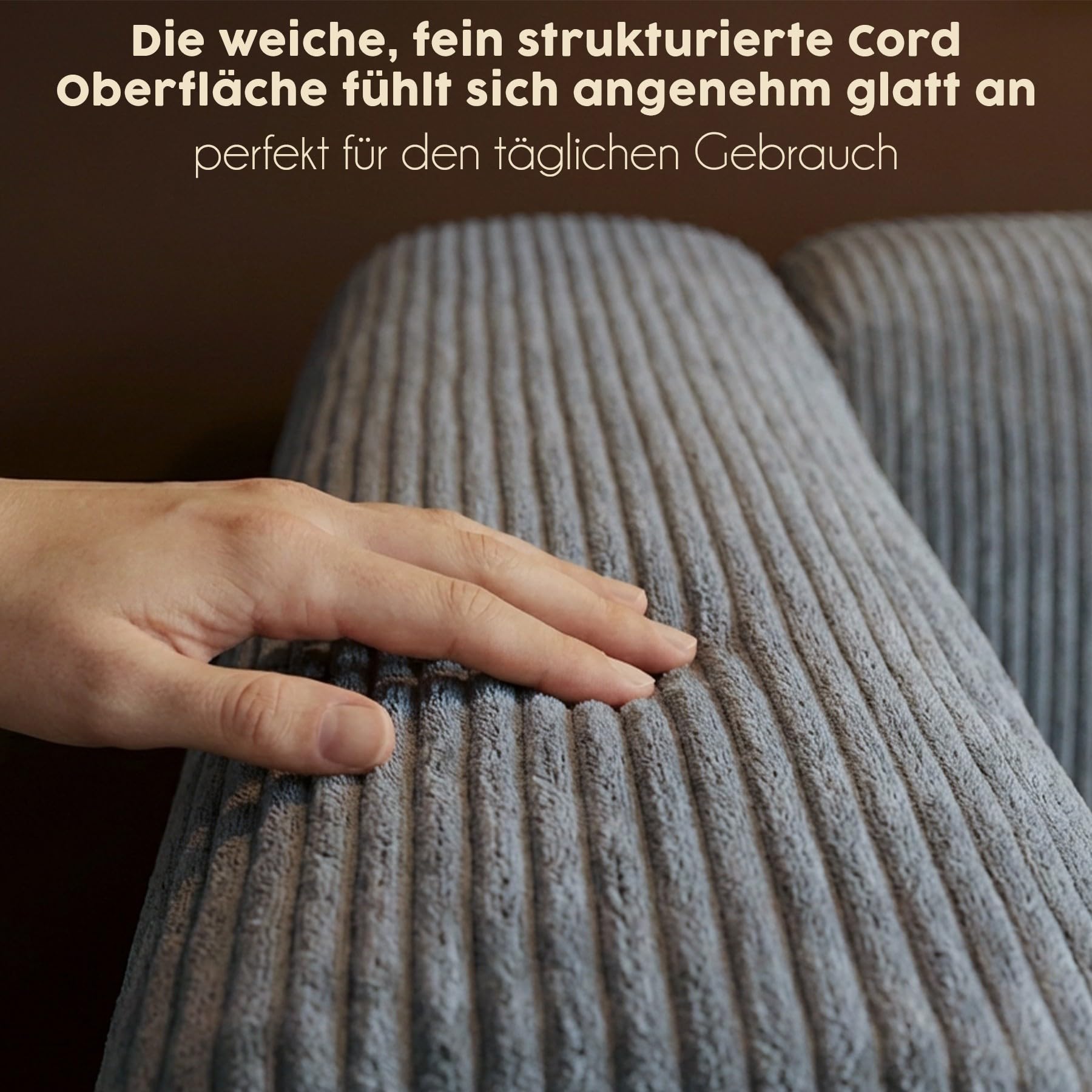 RUMMY 2-Sitzer Sofa aus Cord, kompaktes Bodensofa mit weicher Schaumstoffpolsterung, rahmenlose Couch für Wohnzimmer, Schlafzimmer und Wohnung, Grau