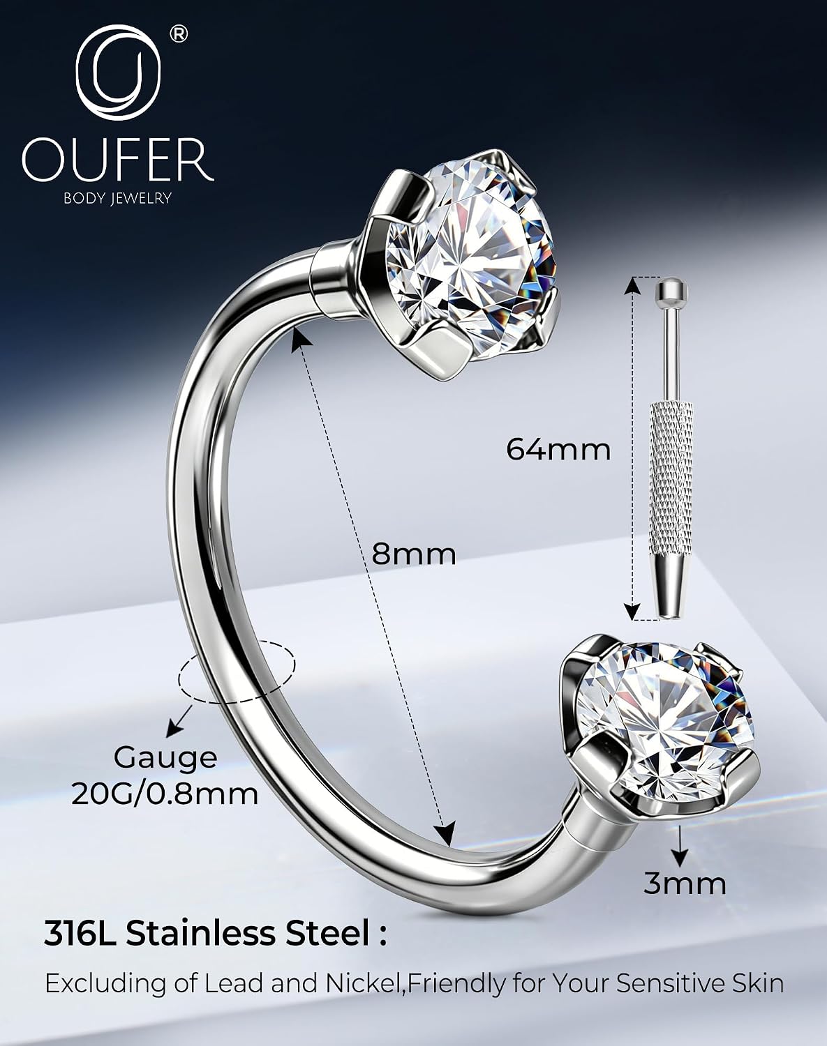 OUFER 20G Horseshoe Nose Rings-8MM Silver Double Gem Nose Rings Studs for Women Men, 316L Surgical Steel Hypoallergenic Helix Earrings, Snake Bites Lip Piercing Jewelry