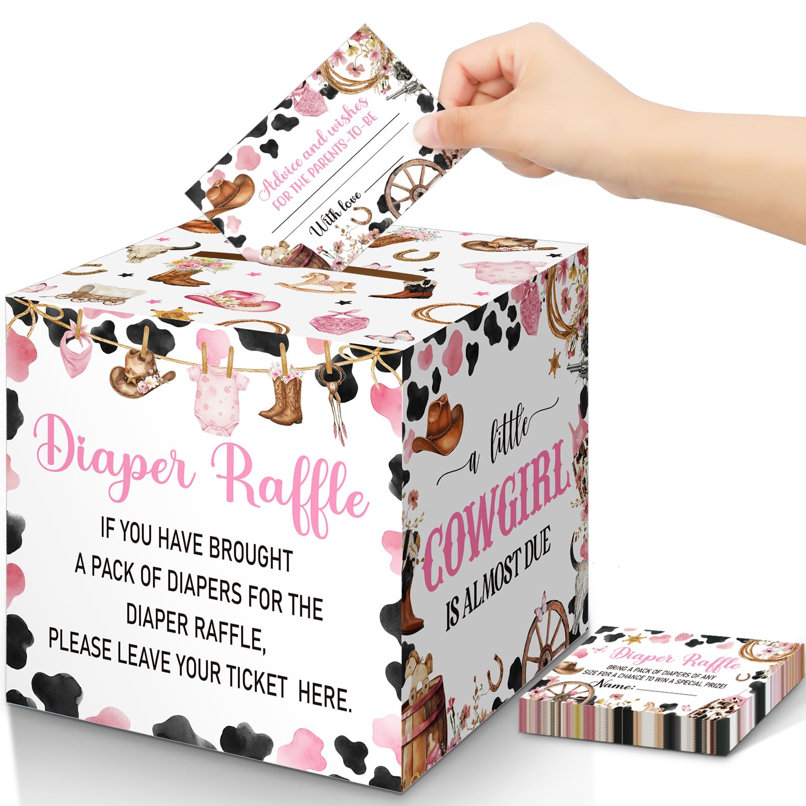 Teling 51 Pieces Diaper Raffle Tickets with Card Box,A Little Cowgirl Is on the Way