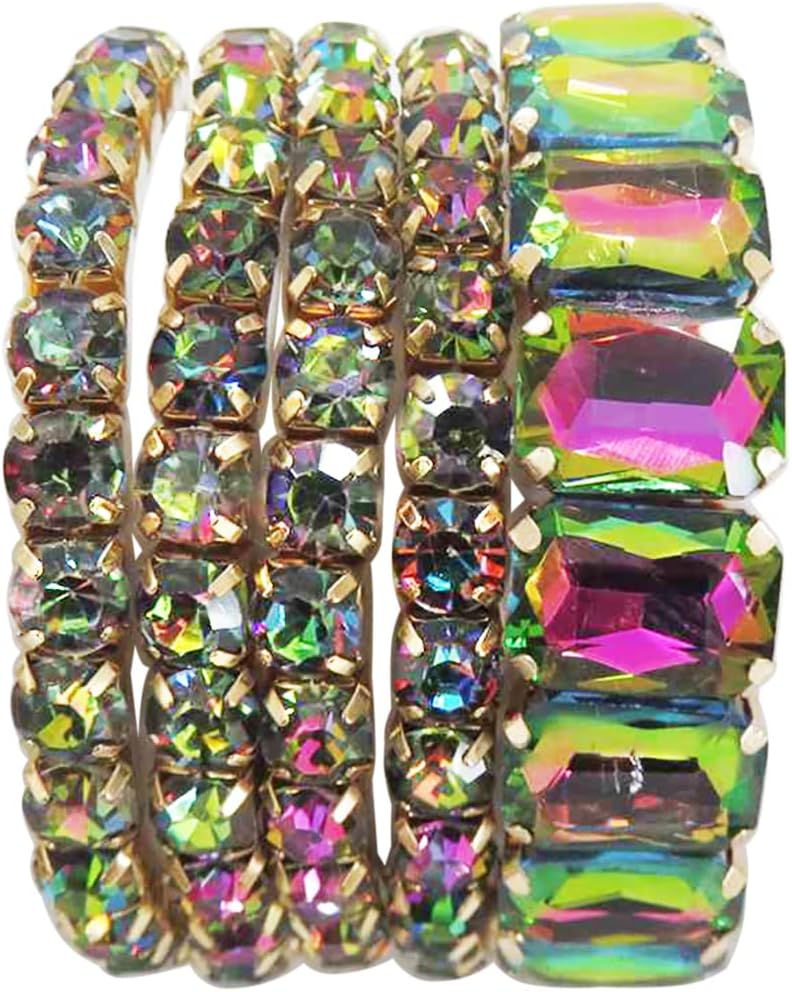 Rosemarie & Jubalee Women's Stunning Statement Bejeweled Set Of 5 Colorful Crystal Rhinestone Stretch Bracelets, 6.75"