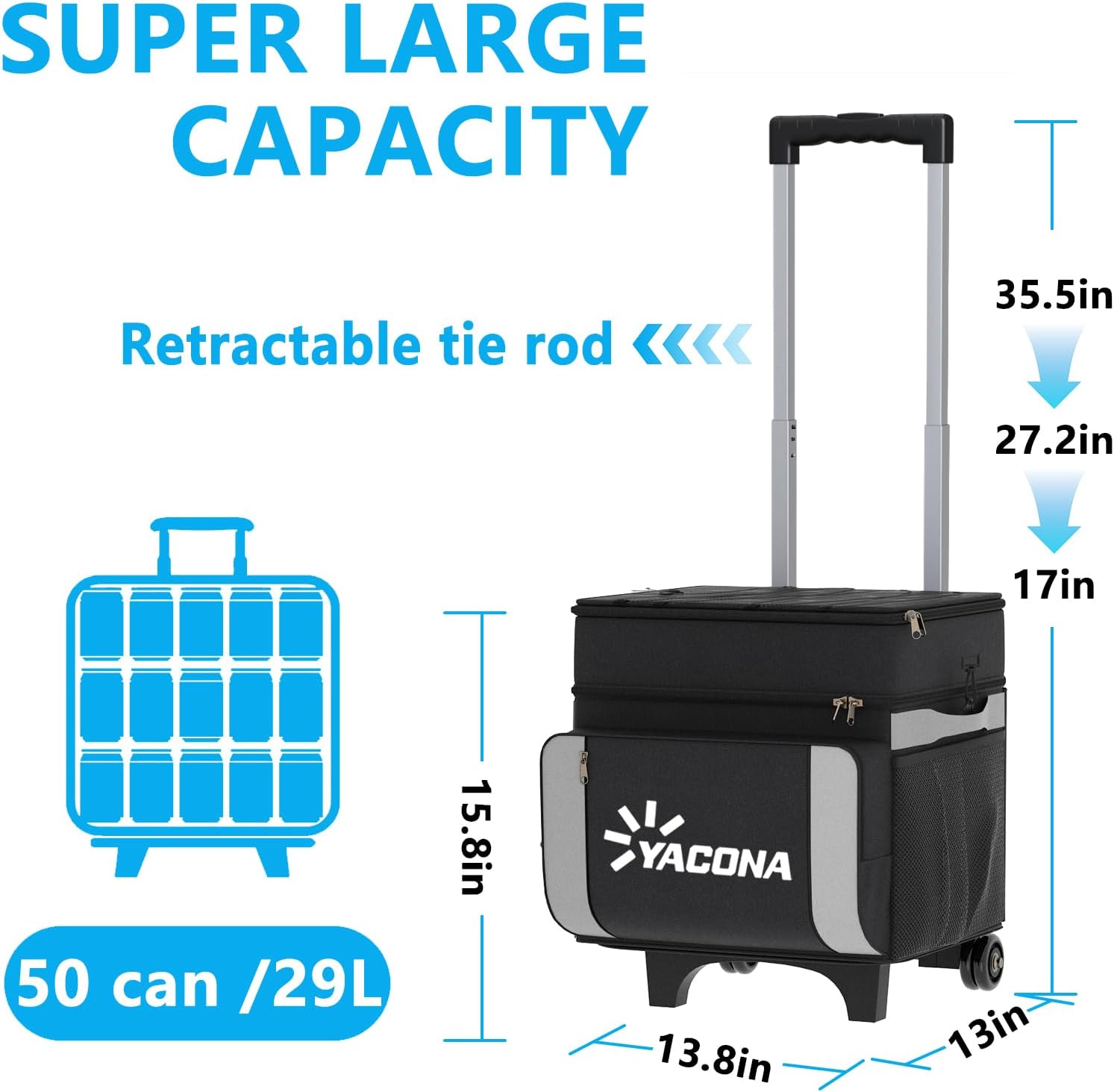 Cooler With Wheels And Handle, Rolling Cooler With 50 Cans, Portable Foldable Soft Cooler Bag With Wheels, Leakproof Insulated Wheel Cooler For Beach, Camping, Patio, Travel, Outdoor, Ball Courts