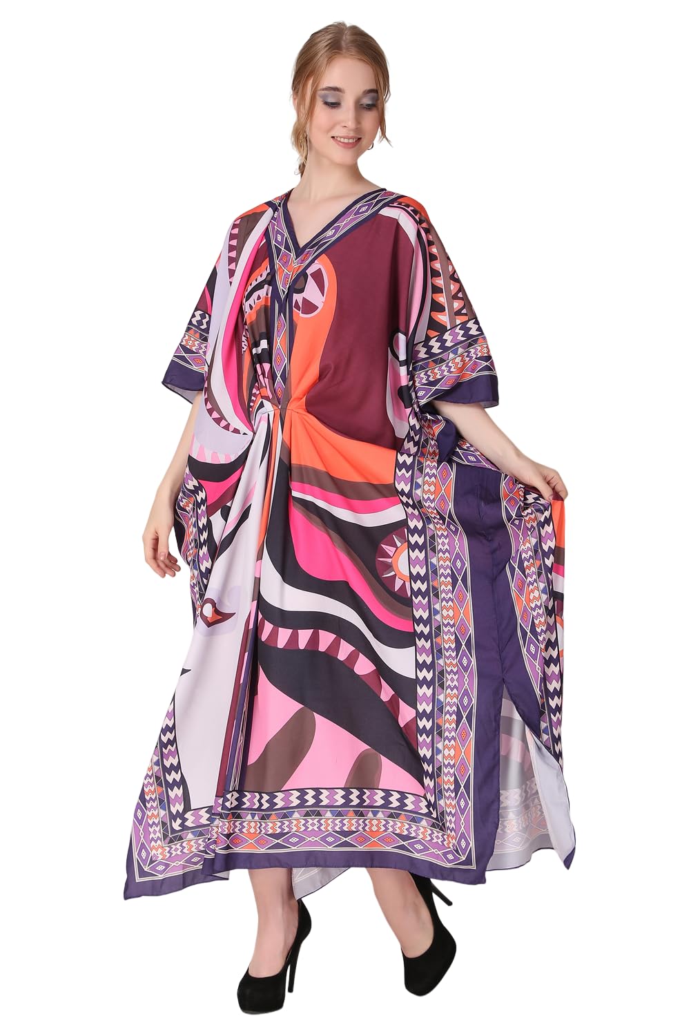 Abstract Expressive Printed Crepe Maxi Length Kaftan Dress for Women Multicolor Freesize-image-29