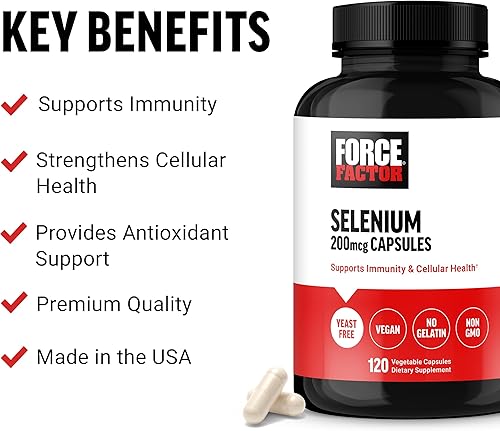 Miniatura 2 de Force Factor Suplemento de apoyo inmunológico de selenio, cápsulas de selenio de 200 mcg para apoyar la defensa inmunológica, suplemento