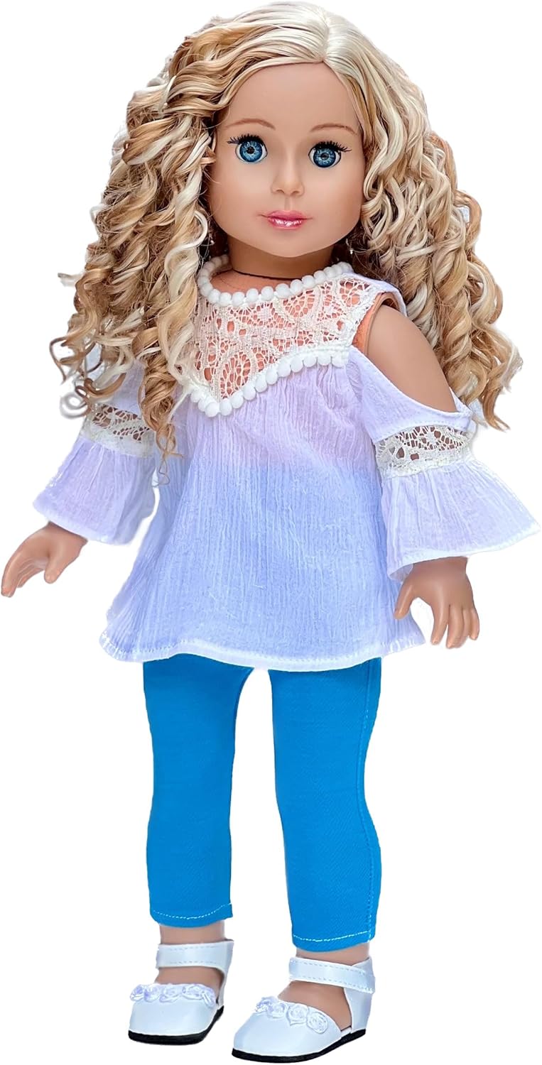 Trendy Girl - 18 inch Doll Clothes - 3 Piece Outfit - White Cotton Blouse, Turquoise Leggings and White Shoes (Dolls Not Included)
