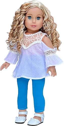 Trendy Girl - Ropa de muñeca de 18 pulgadas, traje de 3 piezas, blusa de algodón blanco, leggings turquesa y zapatos blancos (muñecos no incluidos)