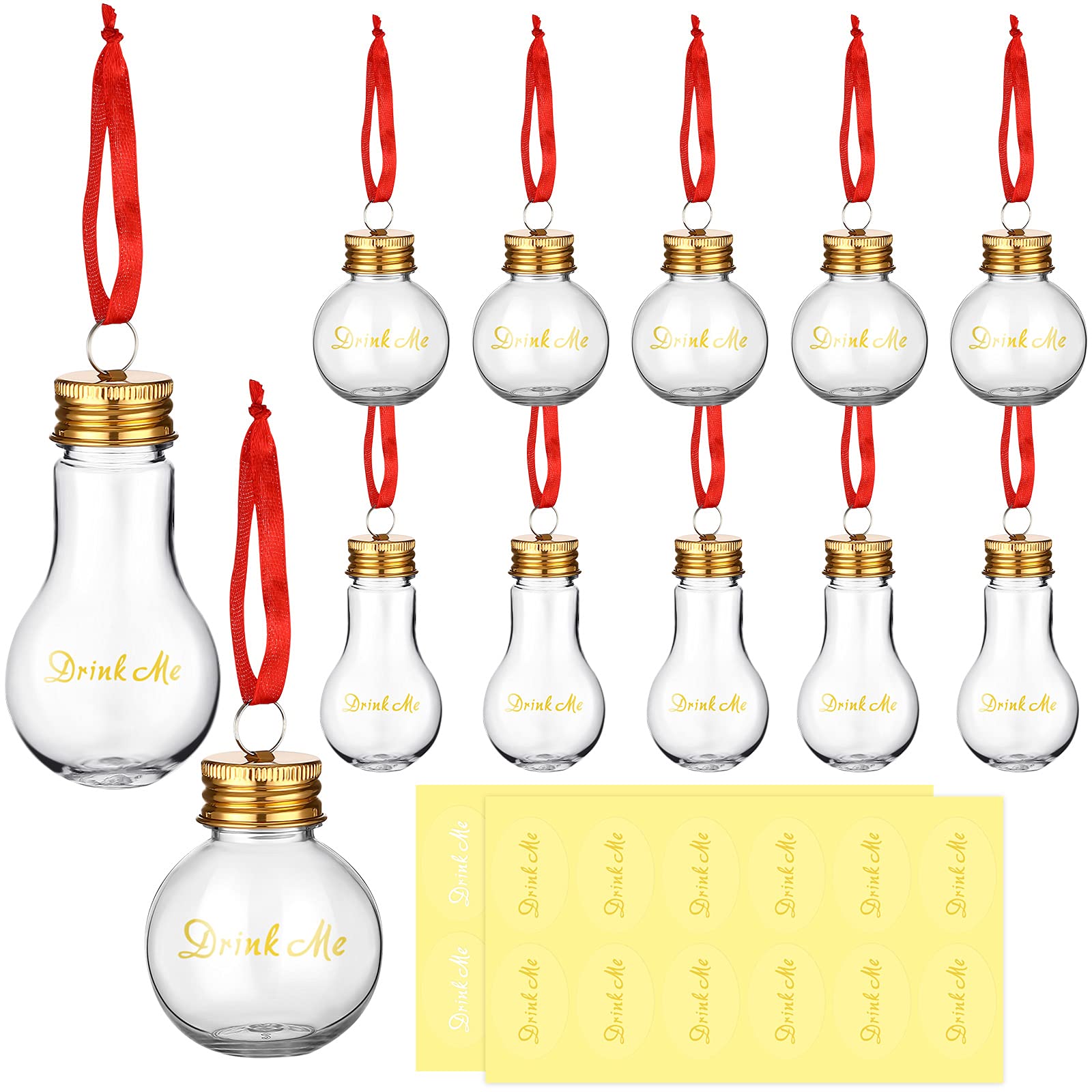 Jinei 12 Pieces Christmas Drink Balls Xmas Tree Hanging Booze Ball Ornaments 50 ml Clear Plastic Fillable Booze Light Bulb with Ribbon and Drink Me Sticker for Christmas Home Holiday Party Decor