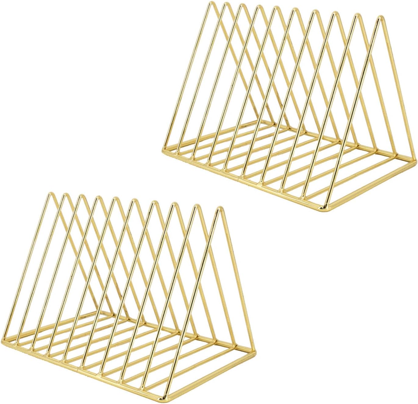2 PCS Desktop Triangle Book Magazine Holder, Iron Metal Book Stand File Organizer Folder Holder for Office, 9 Slots Gold Classified Storage Rack, Record Display Rack for Home Decoration