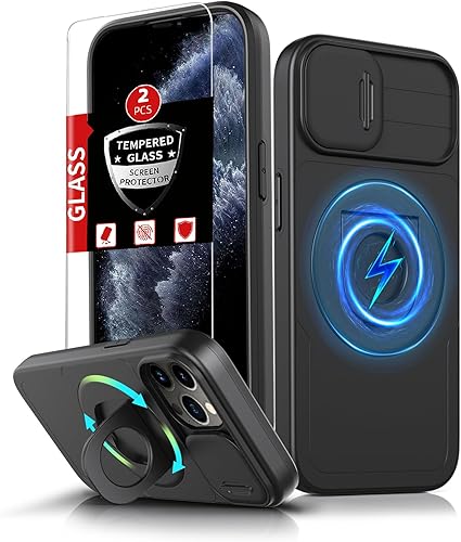 Funda magnética para iPhone 11 Pro compatible con carga inalámbrica MagSafe, con 2 protectores de pantalla, anillo kickstand de 360° integrado +