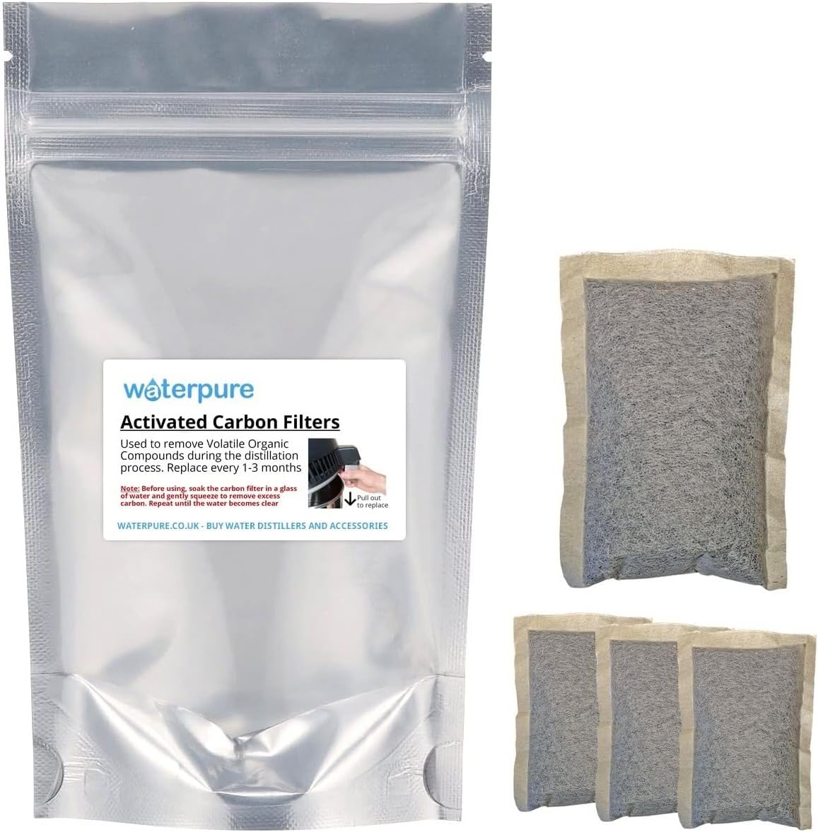 4 x Activated Carbon Filters for Water Distillers by Water Pure (UK Made Organic Carbon)