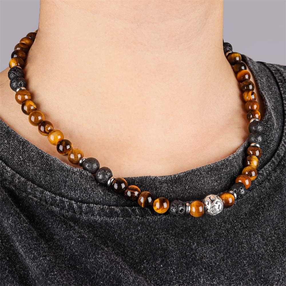 Fuqimanman2020 8mm Natural Stone Beads Choker Necklace Stainless Steel Tiger Eye Rock Lava Beaded Short Neck Chain Gemstone Strand for Men Women Handmade Male Hip Hop Punk Jewelry - Image 3