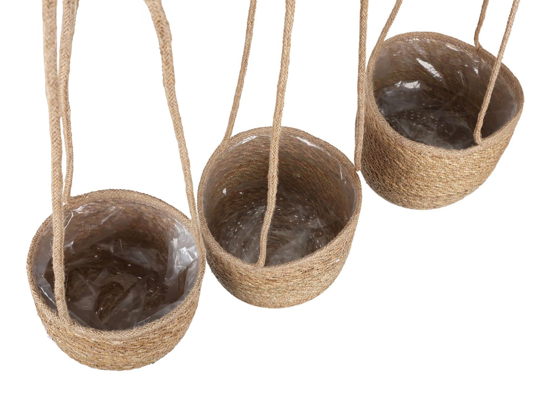 Relaxdays Lot De 3 Paniers Suspendus En Jonc De Mer - Pour Fleurs Et Plantes Suspendues - Avec Film Plastique - 3 Tailles - Naturel