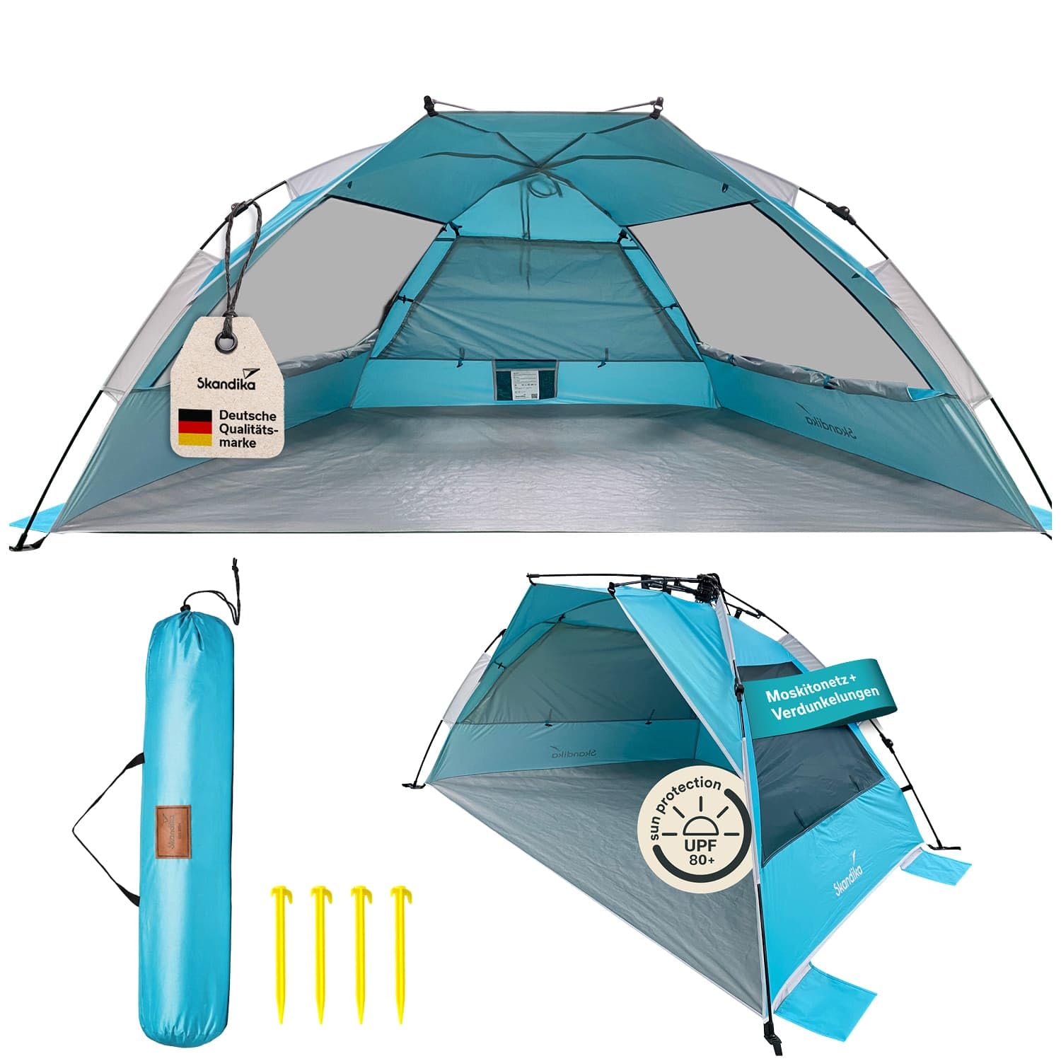 Skandika Strandmuschel Skal Quick-Start Strandzelt UV-Schutz 80+ 360° Mesh-Panoramafenster Windschutz Sonnenschutz Sichtschutz Quick-Up Sandheringe