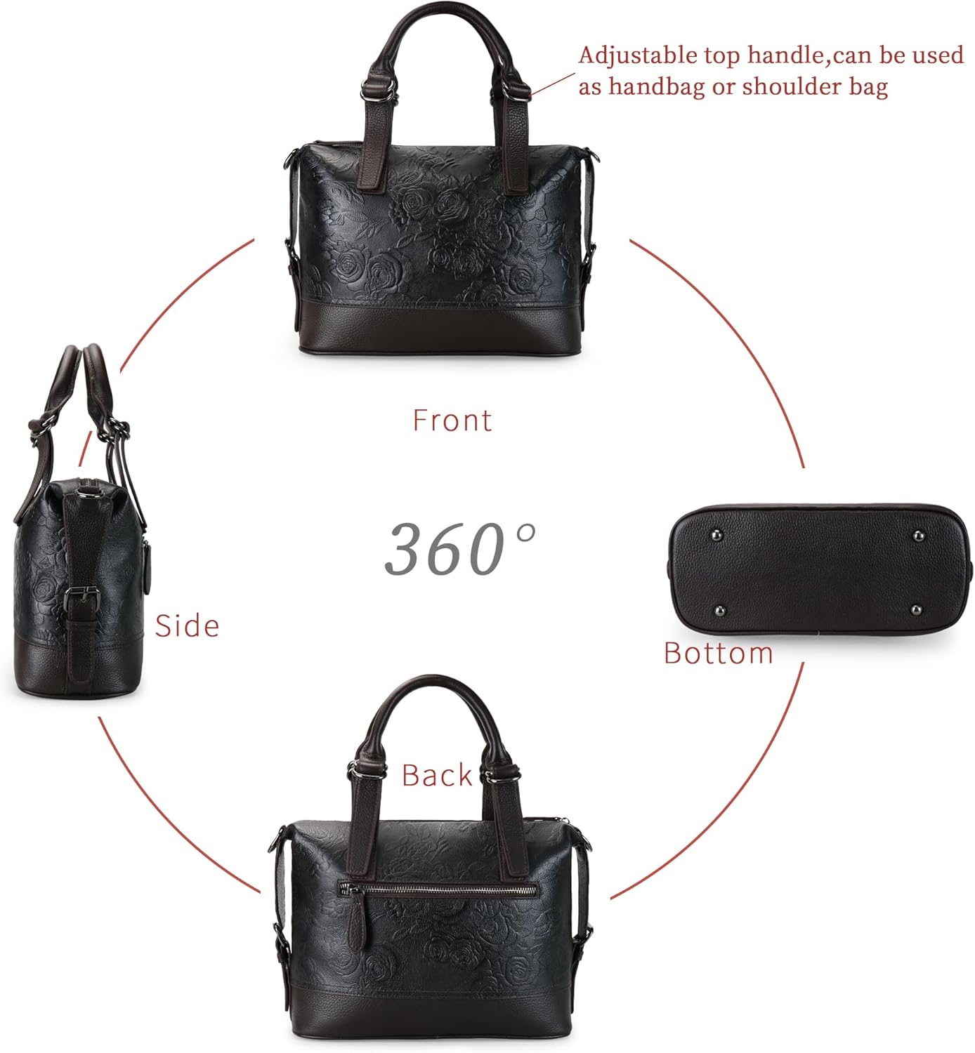 Purse and Handbags for Women Leather Shoulder Tote Handle Medium Satchel Vintage Embossing Rose - Image 4