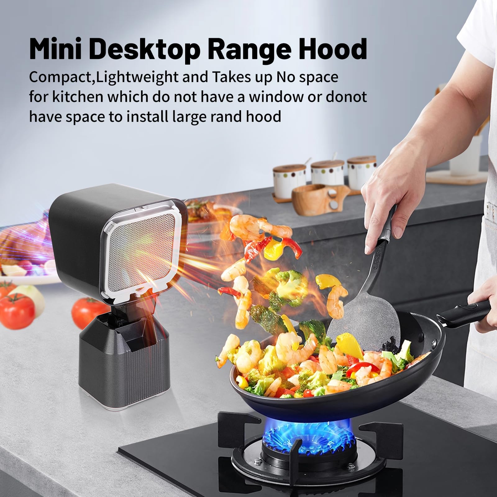Tragbare Abzugshaube,Mini Dunstabzugshaube mit 2-Gang Abluftventilator,Abnehmbarer Aluminiumfilter, Ölauffangbecher.Tischhaube Mobile Dunstabzug Küchenentlüftung für BBQ,Kochen,Hot Pot (DunkelGrau)