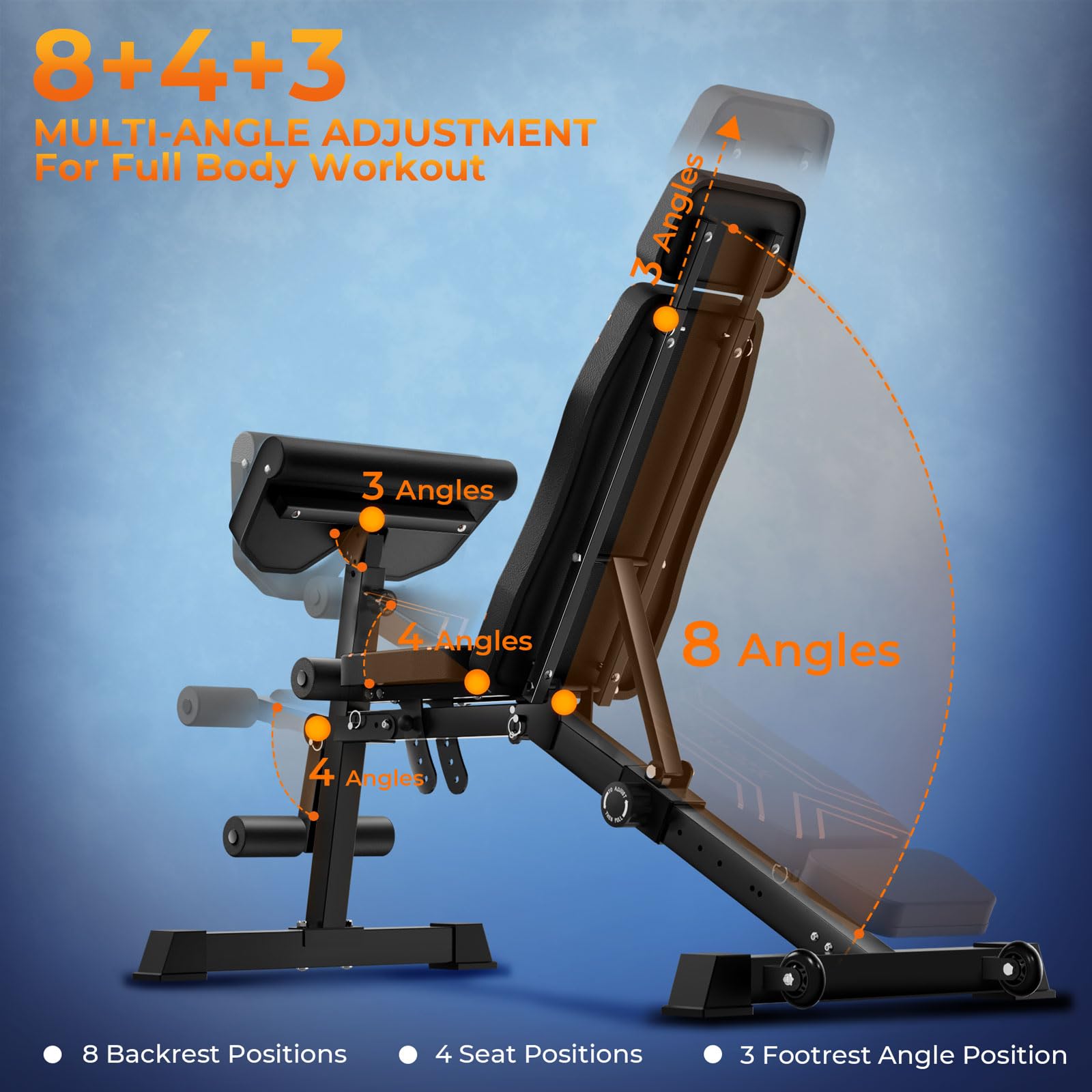 Banc de musculation réglable de 408,2 kg – Banc d'entraînement pliable avec dossier étendu de 85,1 cm pour la salle de sport à domicile, banc incliné plat avec acier de 80 x