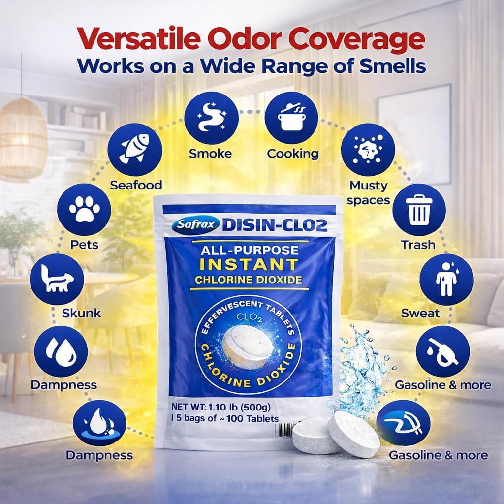 DISIN-CLO2 Multi-Purpose Instant Chlorine Dioxide Tablets – Fast-Acting Cleaning & Deodorizing Tablets for Home, Kitchen & Travel – Freshness Booster for Surfaces, Water Containers & Everyday Use