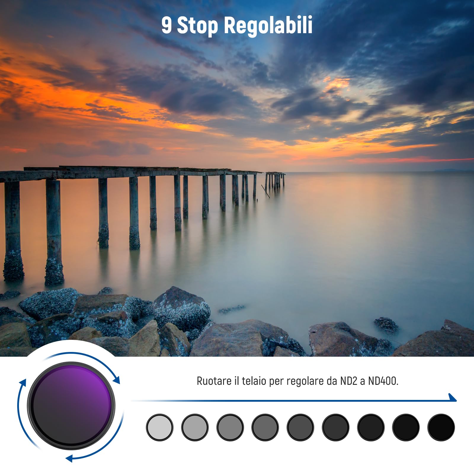 NEEWER 55mm Filtro ND2-ND400 Variabile (1-9 Stop) con Copriobiettivo, Cordino, Panno da Pulizia, Regolazione Precisa della Densità Neutra, Vetro Ottico Multistrato, Anti Impronte Digitali e Antigraffi