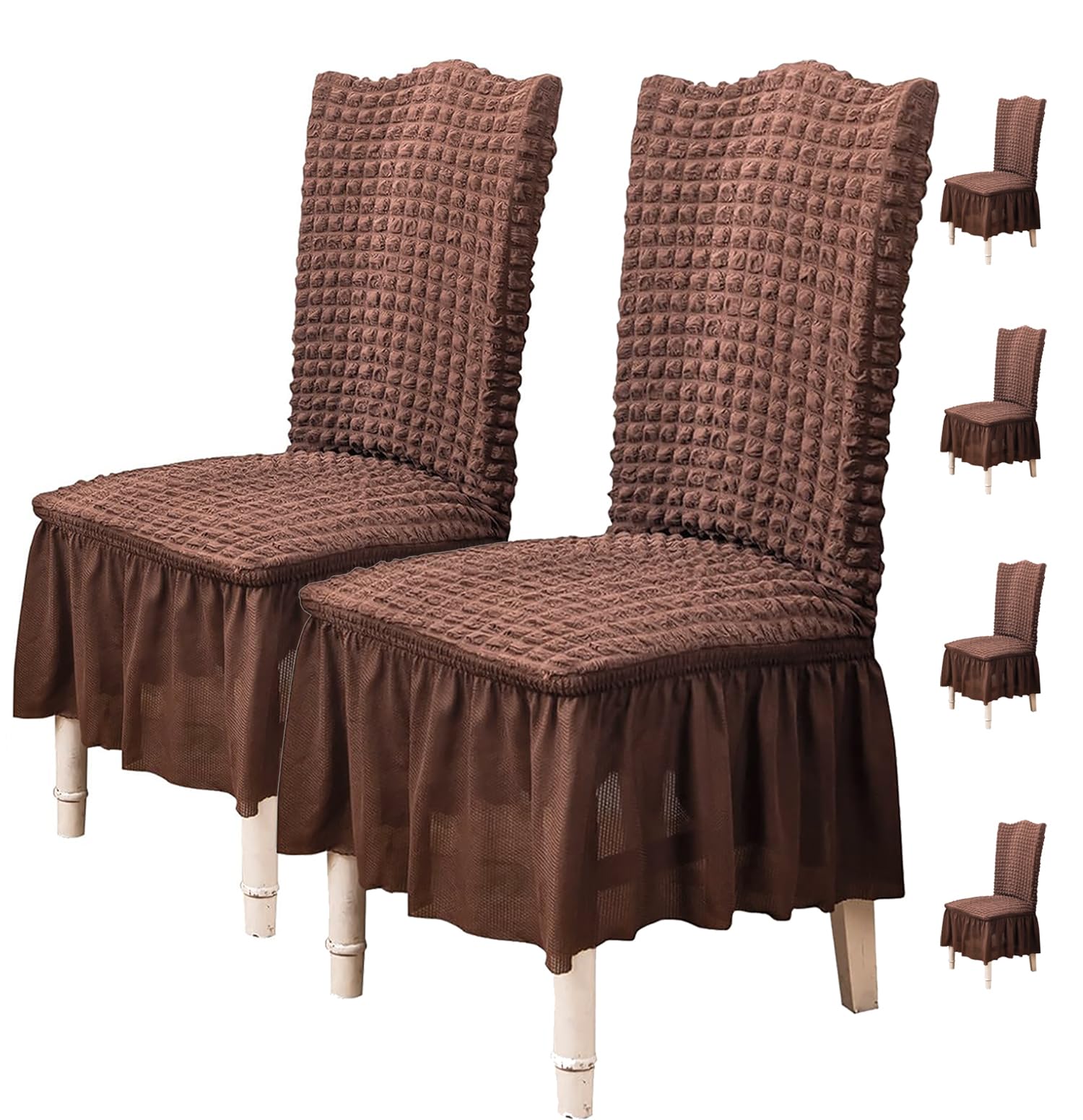 House of Quirk Polyester Turkish Bubble Frill Chair Cover Stretch Removable Washable Short Dining Chair Cover Protector Seat Slipcover (Coffee, Pack Of 6)-image-23