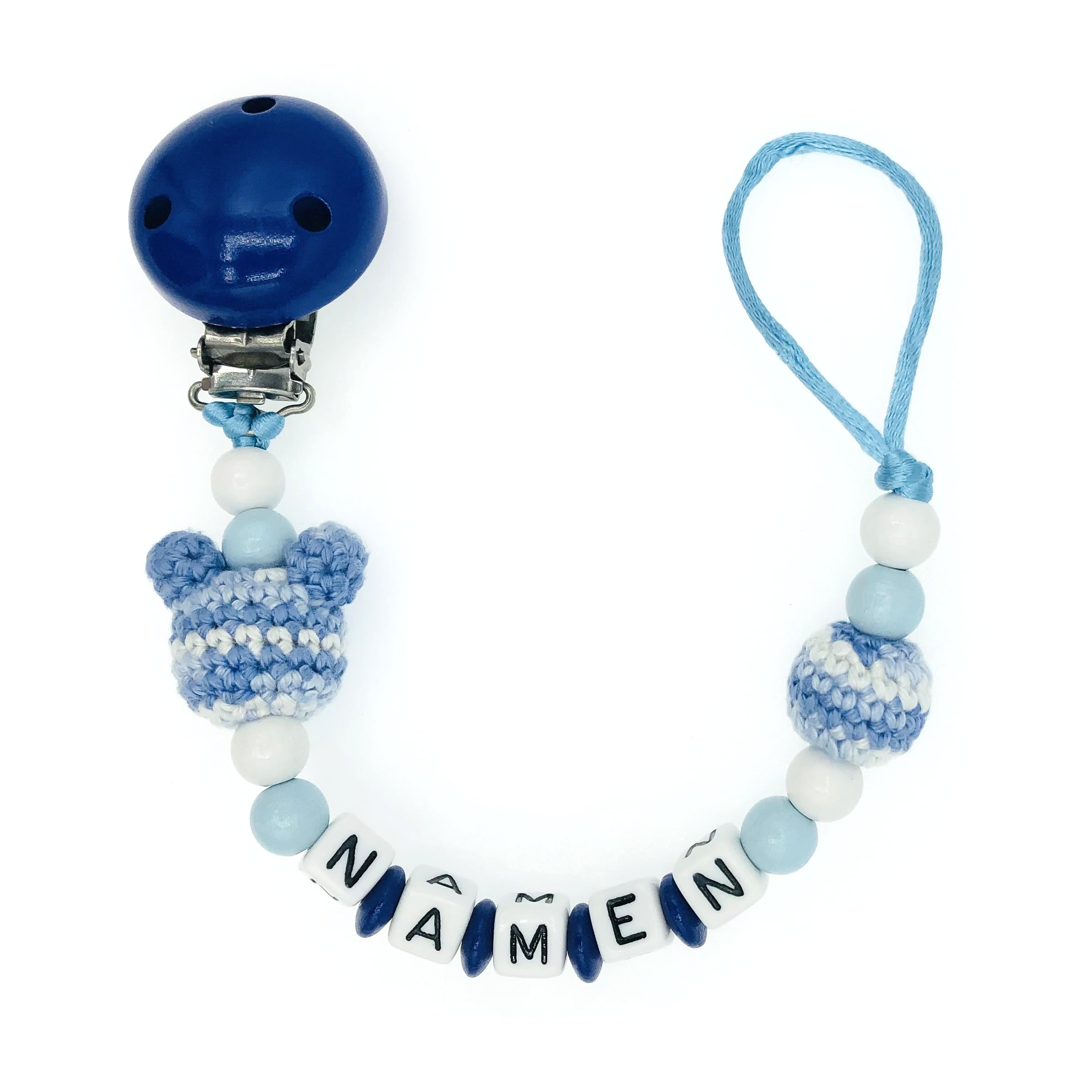 Set Nuckelkette + Kinderwagenkette mit Namen " MAUS " Dunkelblau Babyblau Weiß mehrfarbig/Baby/Unisex/Personalisiert/HANDMADE
