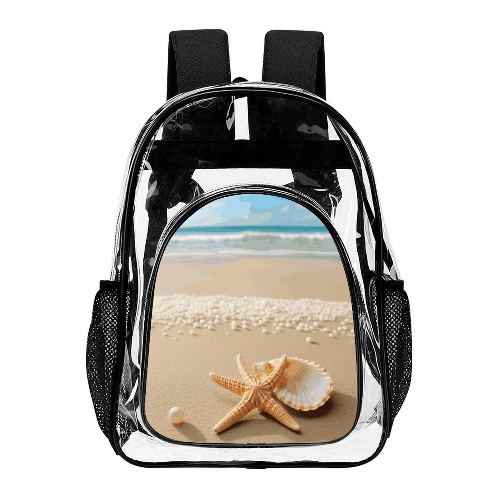 Transparenter Rucksack mit Seesternmuschel und Strand, groß, transparent, PVC, Büchertasche für Sicherheit, Arbeit, Reisen, Stadion