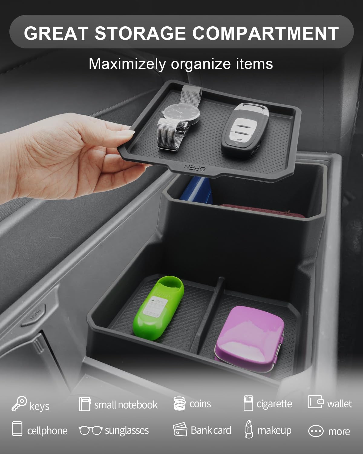 CDEFG Compatibile con Kia EV3 2025 2026, contenitore portaoggetti per console centrale, organizer a doppio piano in morbido TPE, sotto il bracciolo, accessori EV3 GT Line