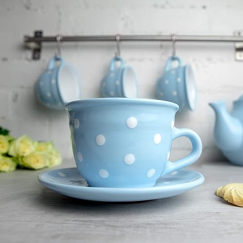 Miniatura 2 de City to Cottage Taza y platillo de café capuchino hecho a mano con lunares celestes y blancos, tamaño grande, de cerámica, 12 onzas líquidas, regalo