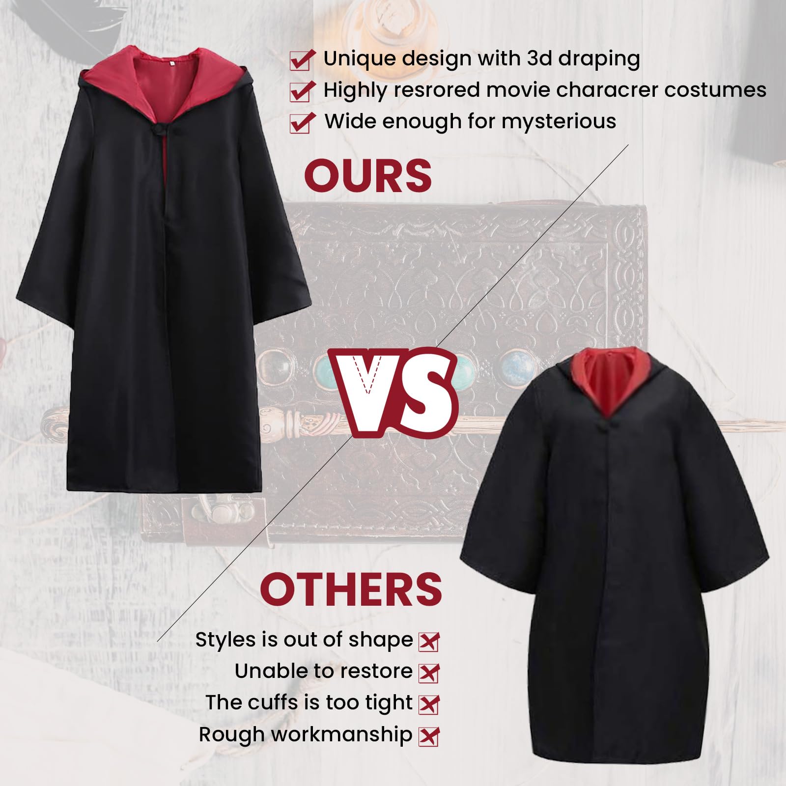 Kitimi Magic Robe, Umhang,4PCS Zauberer Cosplay Kostüm für Erwachsene,with Cape,Magic Wand,Glasses,Scarf,Tie,Halloween Wizard Costume for Cosplay,Carnival,Fancy Dress