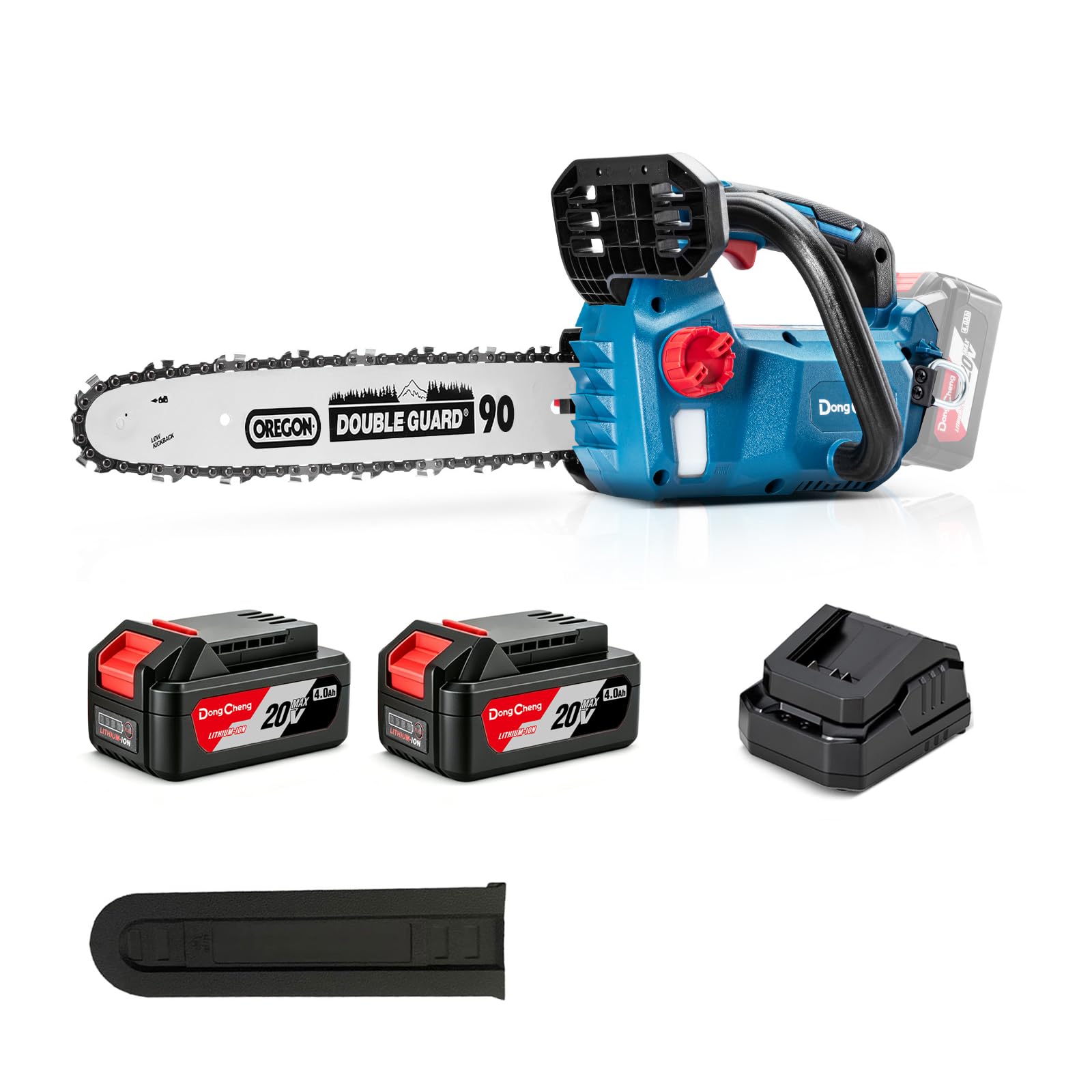 DongCheng Motosierra a batería 20V, motor sin escobillas, 12 m/s, espada OREGON 30cm, 2x4,0Ah. Tensor sin herramientas, lubricación automática, 2kg (sin batería). Jardín, leña, poda