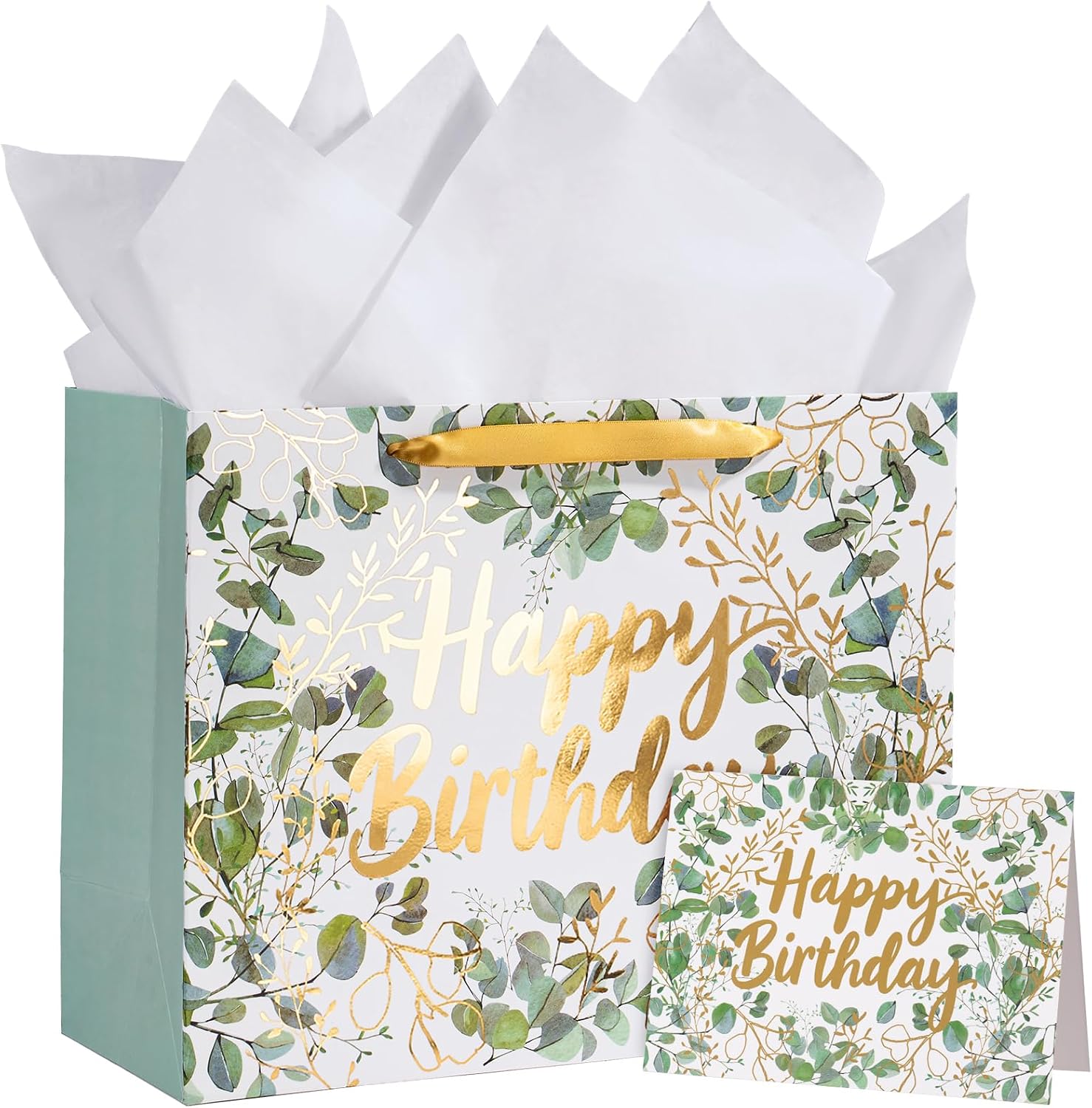 WRAPAHOLIC 13" Large Birthday Gift Bag with Card and Tissue Paper - Green and Gold Foil Eucalyptus Paper Bags for Kids Birthday Present