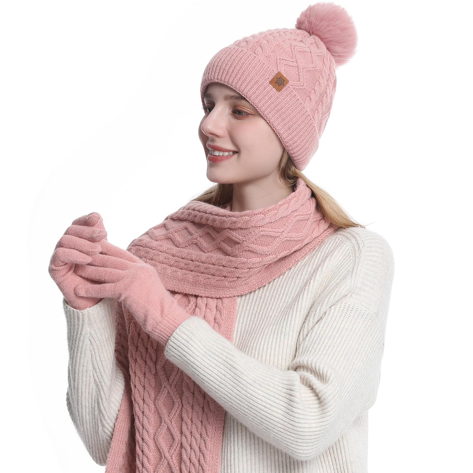 MAZELIKEHOOD Set Sciarpa Cappello Guanti Donna Inverno Caldo Cappello di Bobble con Sciarpa a Maglia e Guanti Tessuto Morbido e Comodo Moda Accessori Invernale Ideale per Regalo di Natale