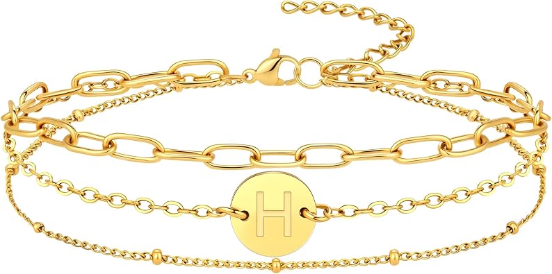 Gold Initial Bracelets for Women - 18K Gold Plated over Stainless Steel Letter Charm Bracelet with Layered A to Z Design - Birthday Christmas Jewelry Gifts