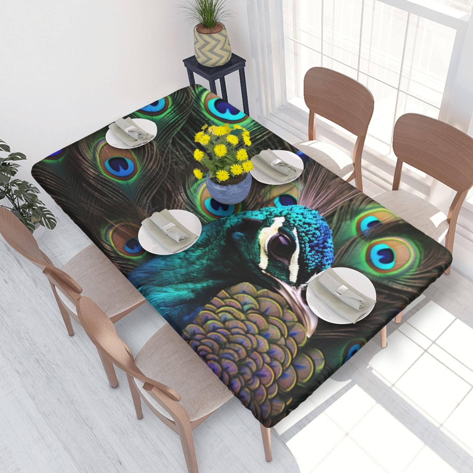 DCARSETCV Fresh peacock Printed 4FT Waterproof Tablecloth with Elastic Edged Protect & Decor Your Table, Oil-proof Washable Table Cloth Cover for Dinner Picnic Party