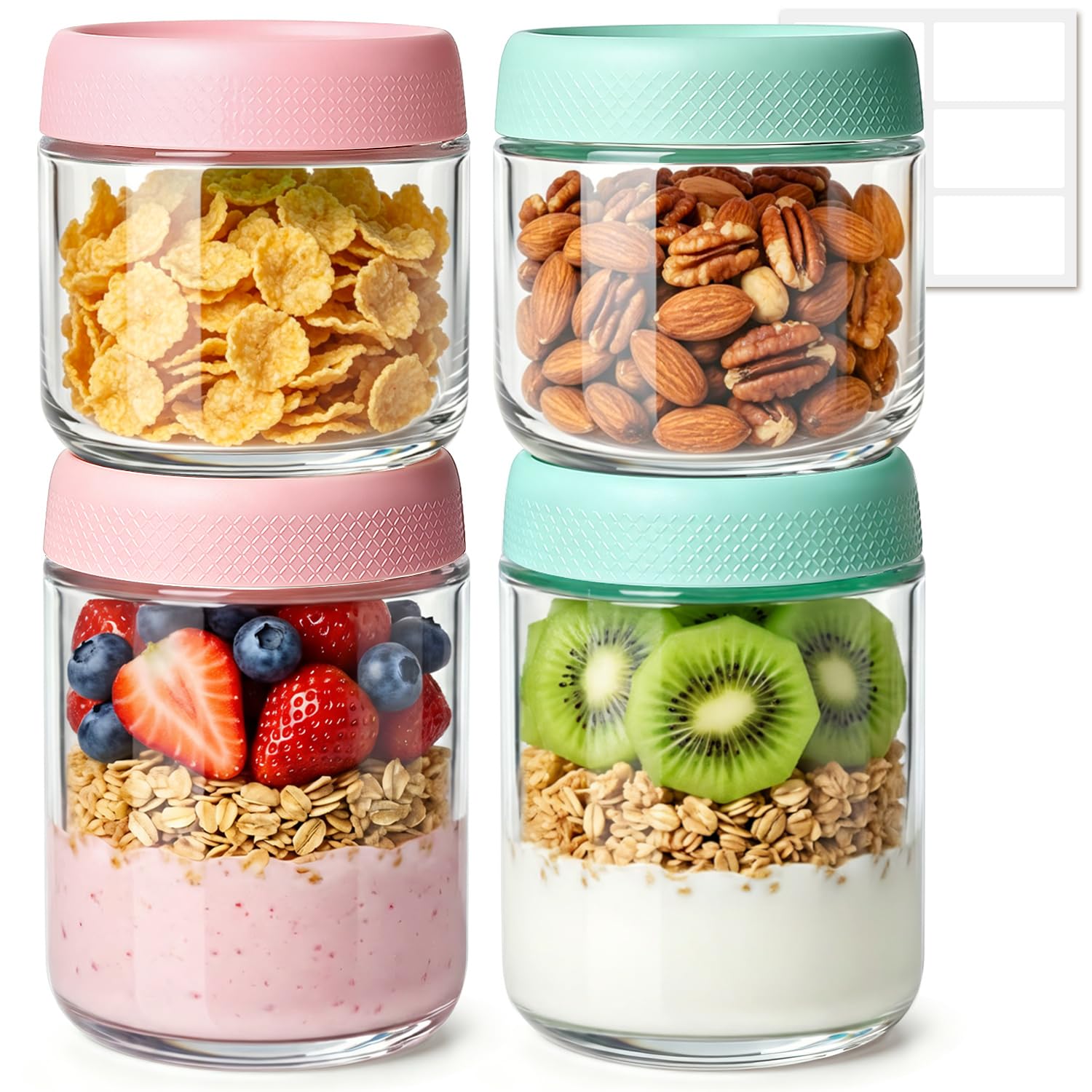 ComSaf Set da 4 Coppette Yogurt e Cereali in Vetro con Coperchio Plastica 500ml/300ml, perfette per ufficio, scuola, picnic e preparazione pasti, adulti e bambini, ideale per colazione pratica e sana