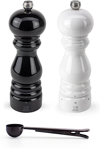 Peugeot Paris u'Select - Molinillo de sal y pimienta, juego de regalo, lacado blanco y negro, con cuchara de especias de acero inoxidable (7