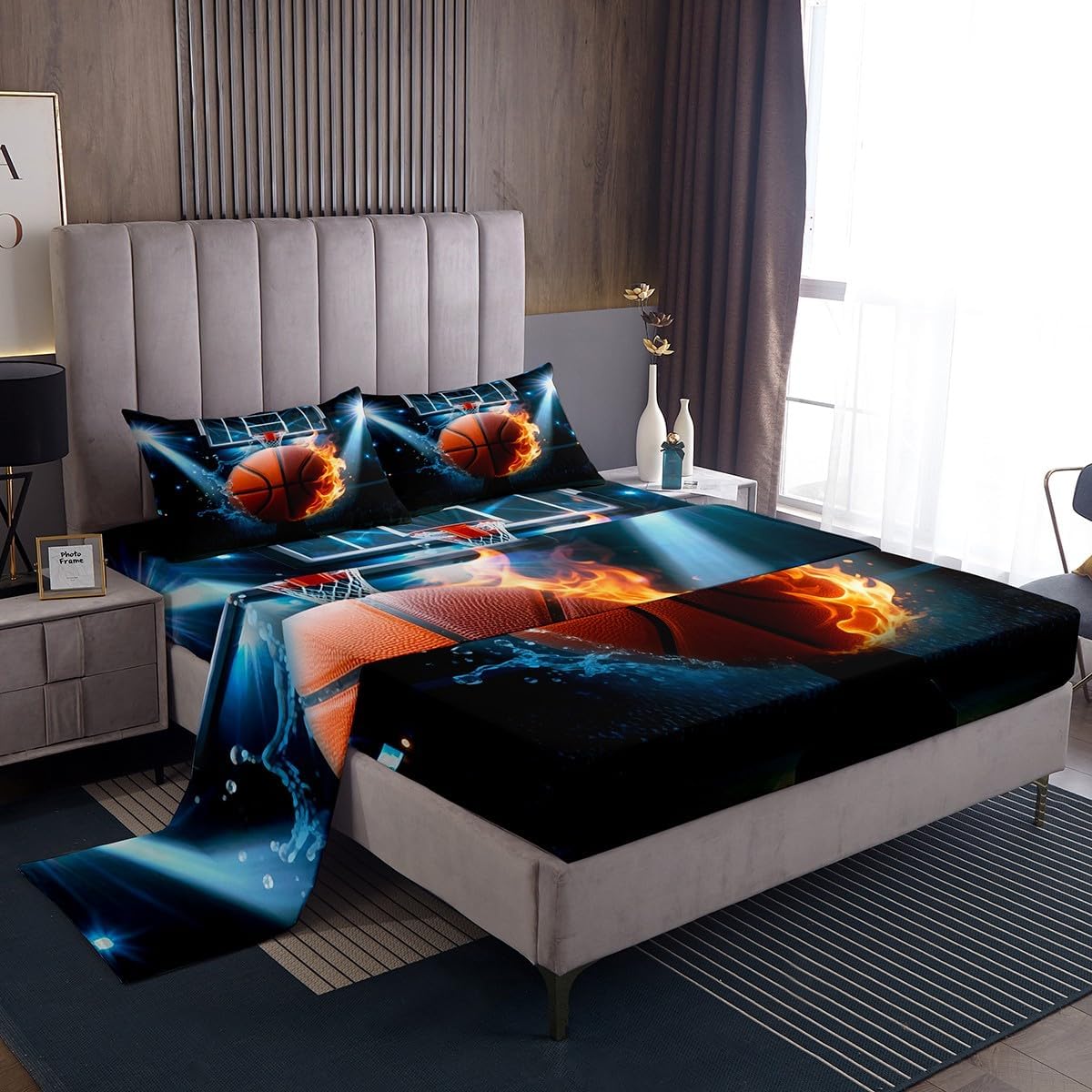 jejeloiu Basketball Bed Sheets Set Twin Size Kids Gaming Sports Fitted Sheet for Boys Girls Teens Ball Games Bedding Set Soft Lightweight Microfiber Flame and Water Room Decor
