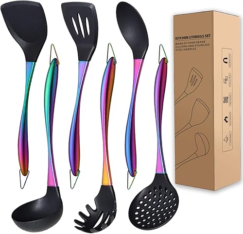 Juego de utensilios de cocina, juego de 6 utensilios de cocina de silicona antiadherente grandes, hechos de silicona de grado alimenticio resistente