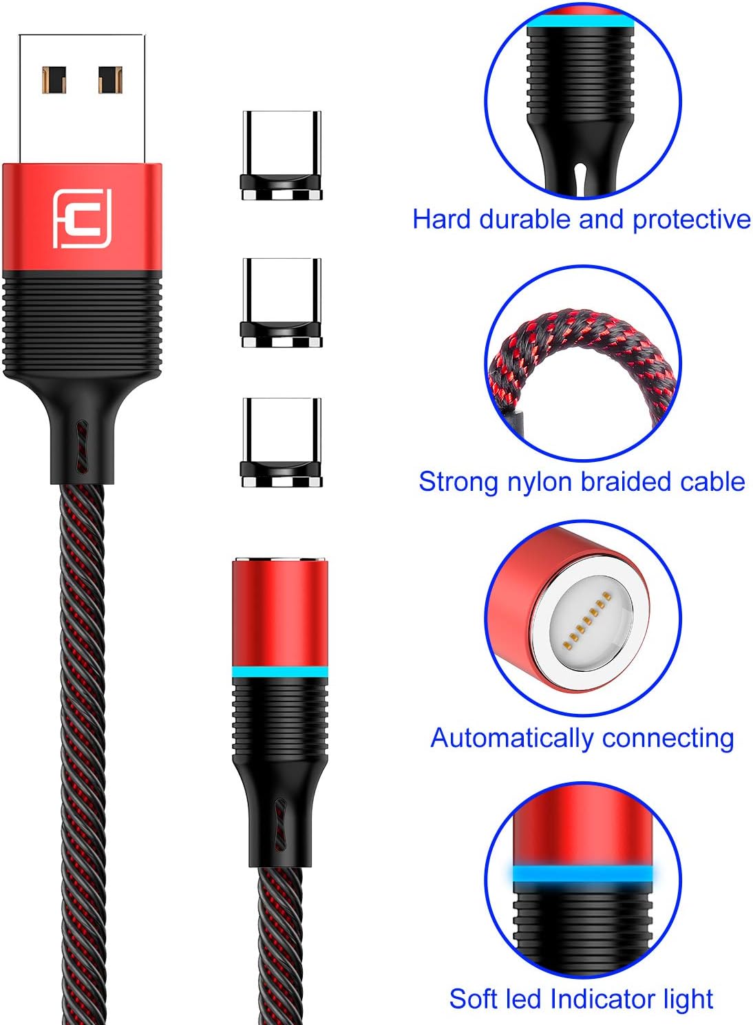 Magnetic Type c Cable, CAFELE 2 Pack 6.6ft Magnetic USB C Cable with Led Light, Support QC 3.0 Fast Charging & Data Transfer, Nylon Braided Magnet Phone Charger Cord for Type C Devices - Red