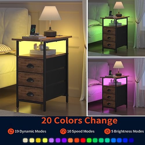 Miniatura 6 de Mesa auxiliar con estación de carga, mesas auxiliares LED con puertos USB y tomacorrientes, mesitas de noche estrechas con 3 cajones de tela para