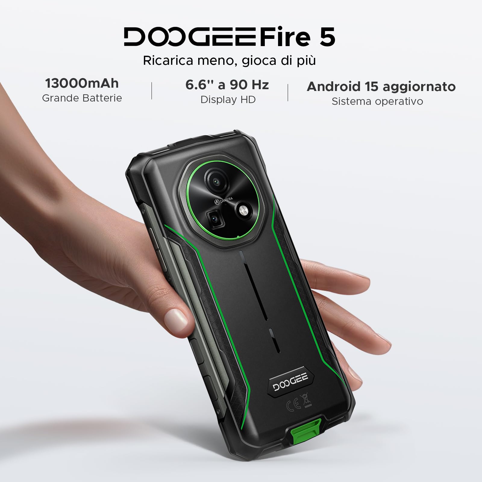DOOGEE Fire 5 Rugged Smartphone 2025, 13000mAh Android 15 Telefono Indistruttibile, 6.6" 90Hz 12GB+64GB/2TB Octa Core Celluare Antiurto, 13MP+8MP Camera,Face ID/NFC/Triple Card Slot/OTG/GPS/IP68/IP69K